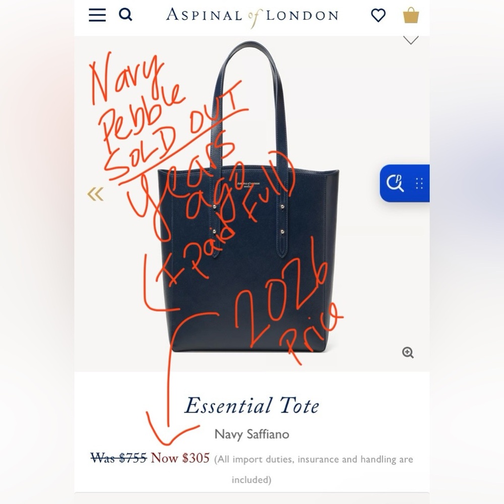 Aspinal of London - Essential Leather Tote Bag Navy Pebble - Pristine/Excellent - Picture 4 of 16
